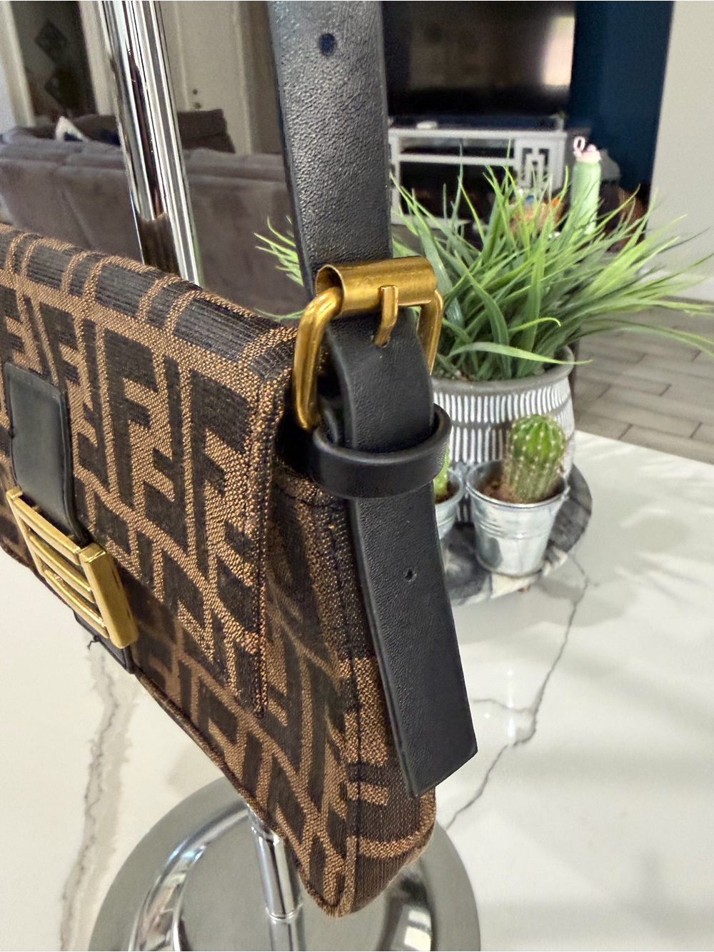Designer-Inspired Brown Monogram Shoulder Bag with Gold Hardware - Picture 6 of 10